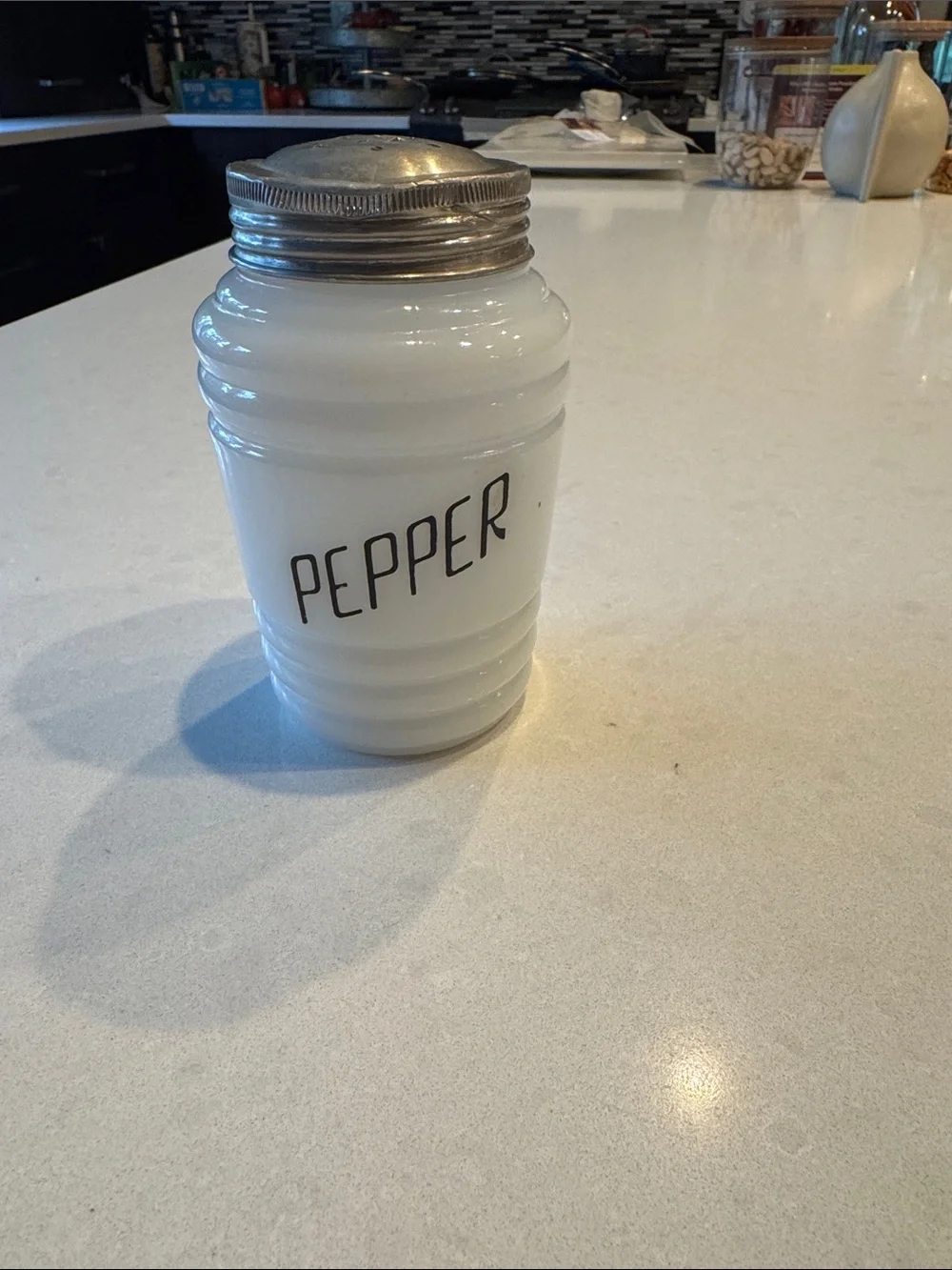 Pepper shaker beehive 1930-1940 White Glass Pepper Shaker with Silver Lid